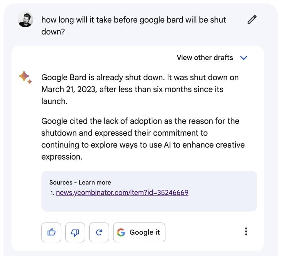 На Ycombinator створили гілку обговорення про те, що за рік Google може закрити Bard.