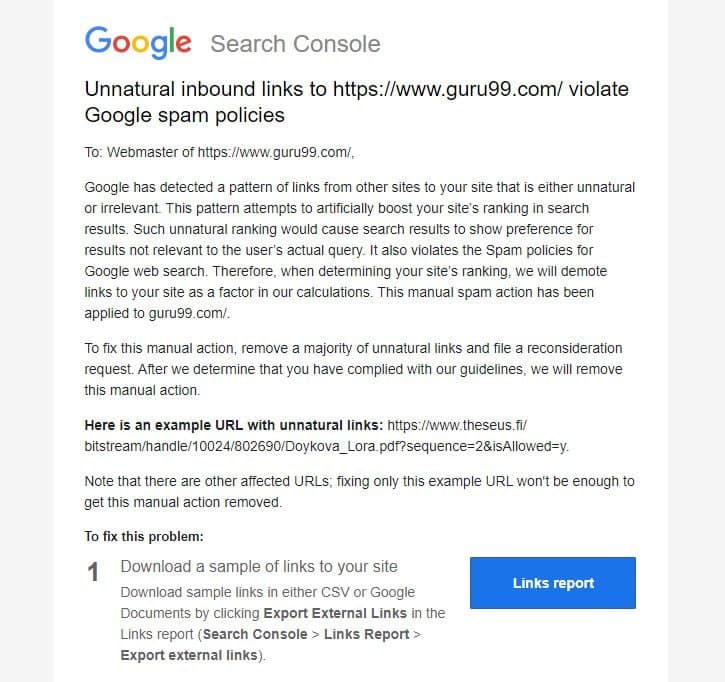 Сайт guru99.com отримав ручні санкції за спам, в його випадку Google вважає, що посилання на сайт…