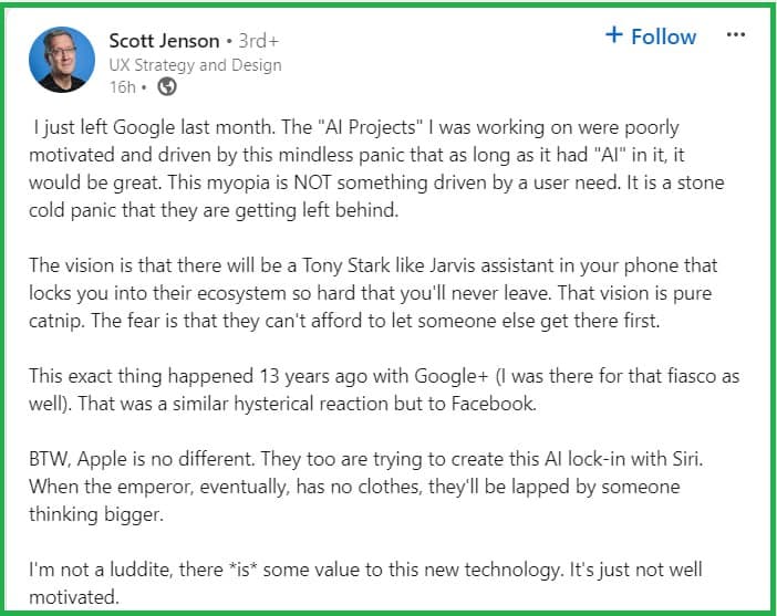 Scott Jenson пішов з Google місяць тому і вважає, що проєкти AI погано мотивовані. Вони з'явились…