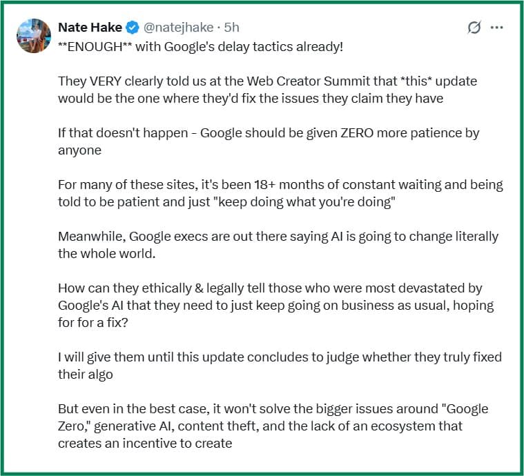 Nate Hake нагадує, що в цей апдейт Google обіцяв виправити ситуацію після HCU, коли постраждали…