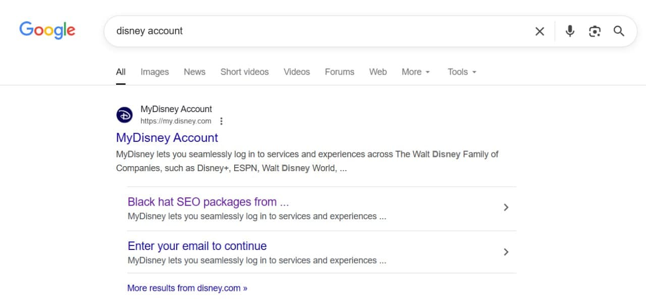Хтось наставив посилань на Disney з анкором про blackhat seo послуги. Досить давній спам, вплив…