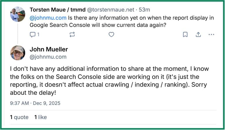 Вже більше тижня дані в Google Search Console майже не оновлюються або оновлюються з затримкою. Це… — 9 грудня 2025