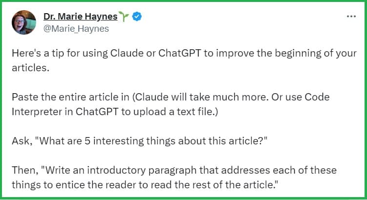 Як покращити початок своїх статей за допомогою Claude або ChatGPT. Рекомендує Marie Haynes.