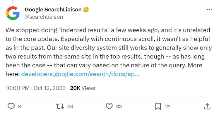 Danny Sullivan повідомив, що декілька тижнів тому Google припинив показувати результати з відступом…