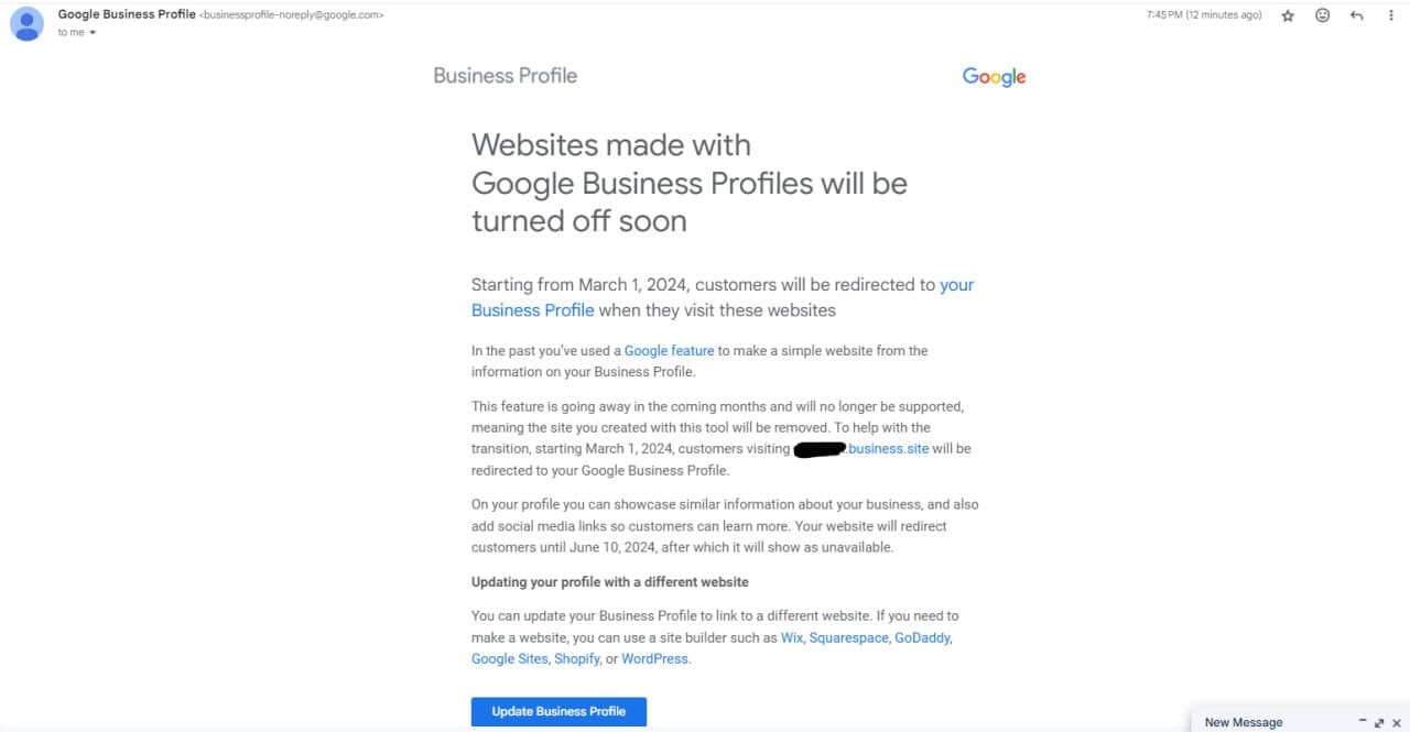 ⚡️ Google вимикає сайти, створені за допомогою Google Business Profile ака GMB, у березні 2024.