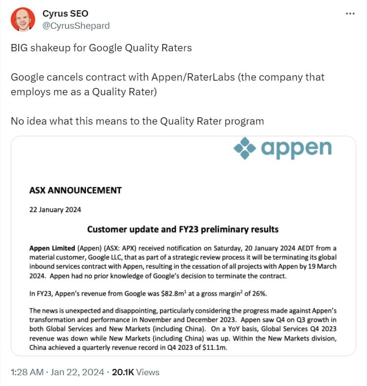 У суботу 20го січня Appen — найбільший провайдер Google з послуг асесорів — оціновувачів пошукових…