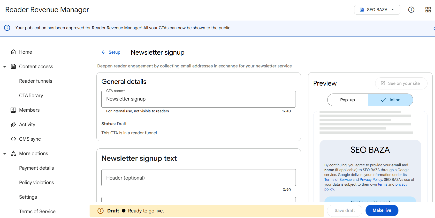 Схвалена публікація SEO BAZA в Google Reader Revenue Manager