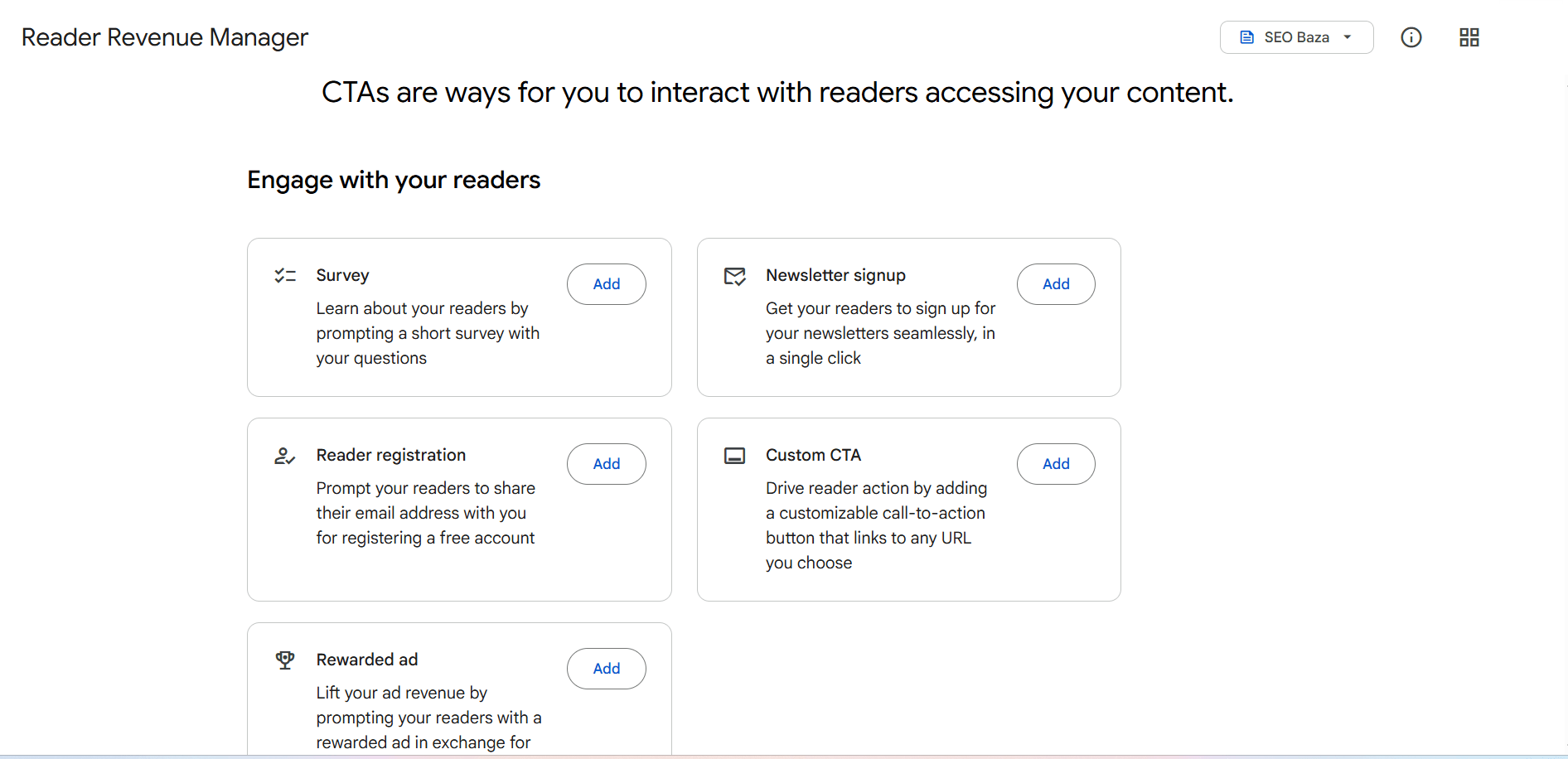 Типи CTA в Reader Revenue Manager: опитування, підписка на розсилку, реєстрація читача, Custom CTA та rewarded ad