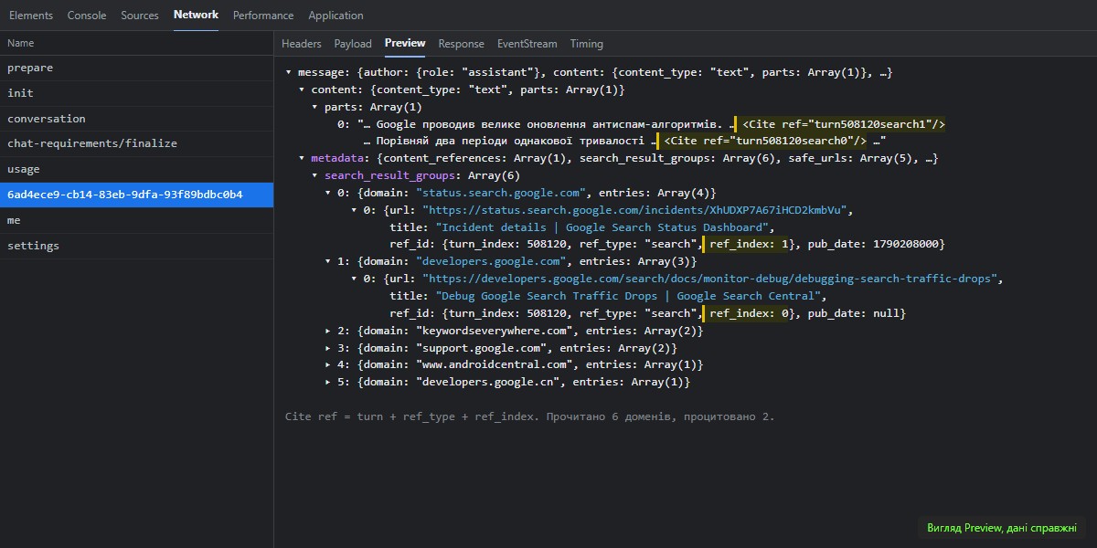 Теги Cite в тексті відповіді ChatGPT і поле ref_id у search_result_groups, за яким цитата зв'язана з результатом пошуку