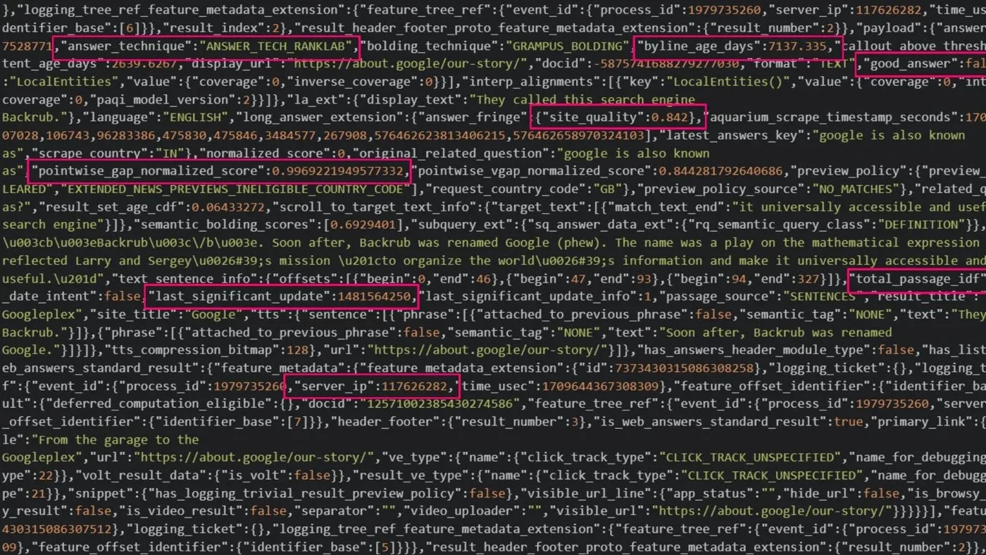 Відповідь Google з прихованими полями site_quality, rq_semantic_query_class і last_significant_update, скрін Mark Williams-Cook