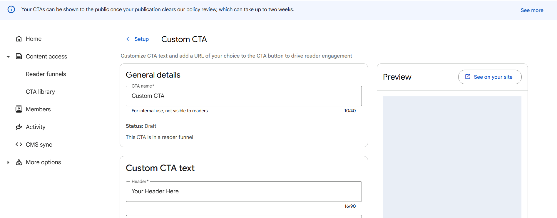 Форма Custom CTA: власний заголовок, текст і кнопка з посиланням на будь-який URL