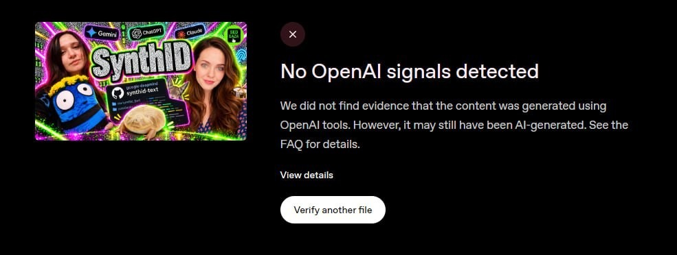 Результат верифікатора OpenAI для перегенерованої обкладинки стріму: No OpenAI signals detected