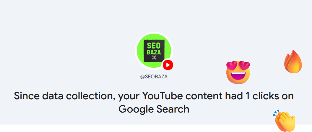 Вітальна картка Search Console, де YouTube-канал SEO BAZA отримав 1 клік з пошуку Google