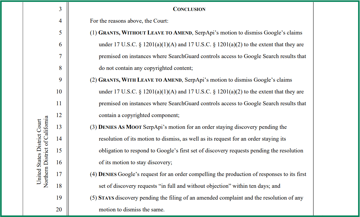Висновок рішення суду у справі Google проти SerpApi з п'ятьма пунктами