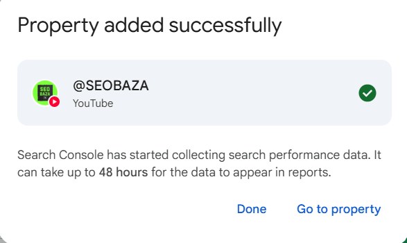 Вікно Search Console із підтвердженим каналом SEO Baza на YouTube і попередженням про 48 годин