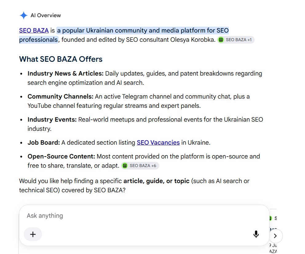 AI-відповідь Google про SEO BAZA з переліком розділів сайту і полем Ask anything під нею