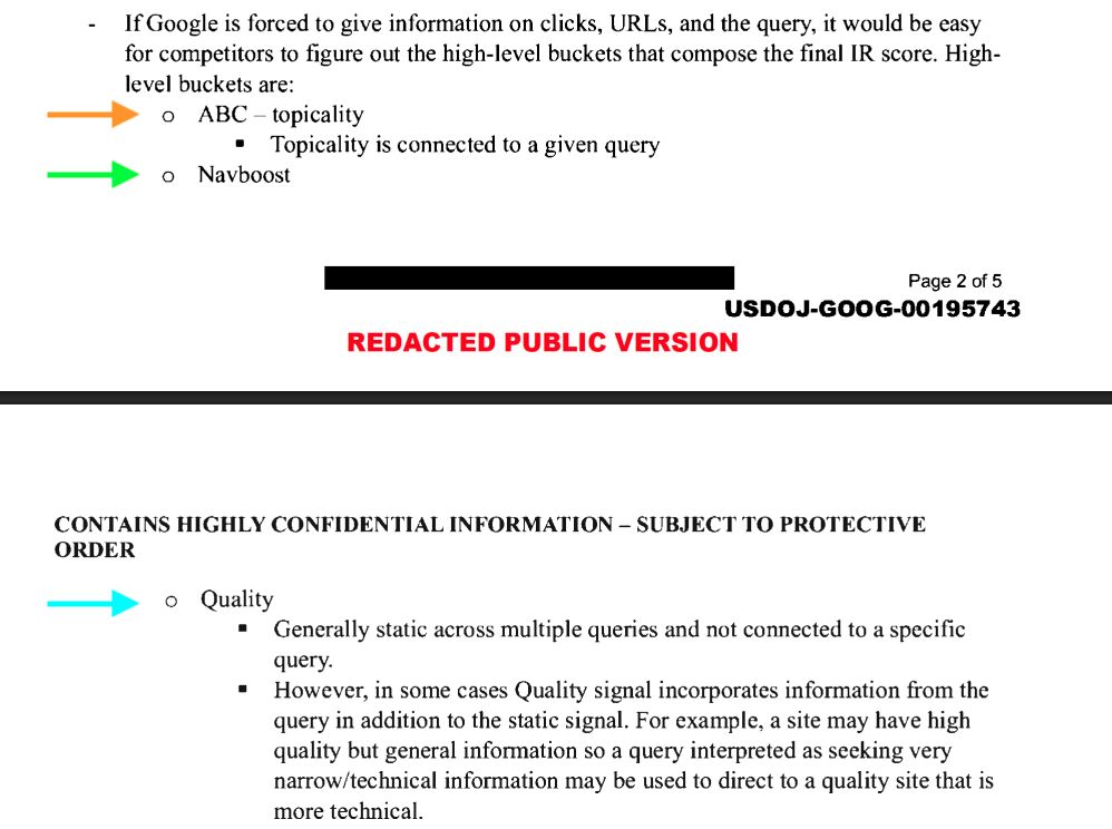 Схема трьох головних груп сигналів ранжування Google за матеріалами антимонопольного суду
