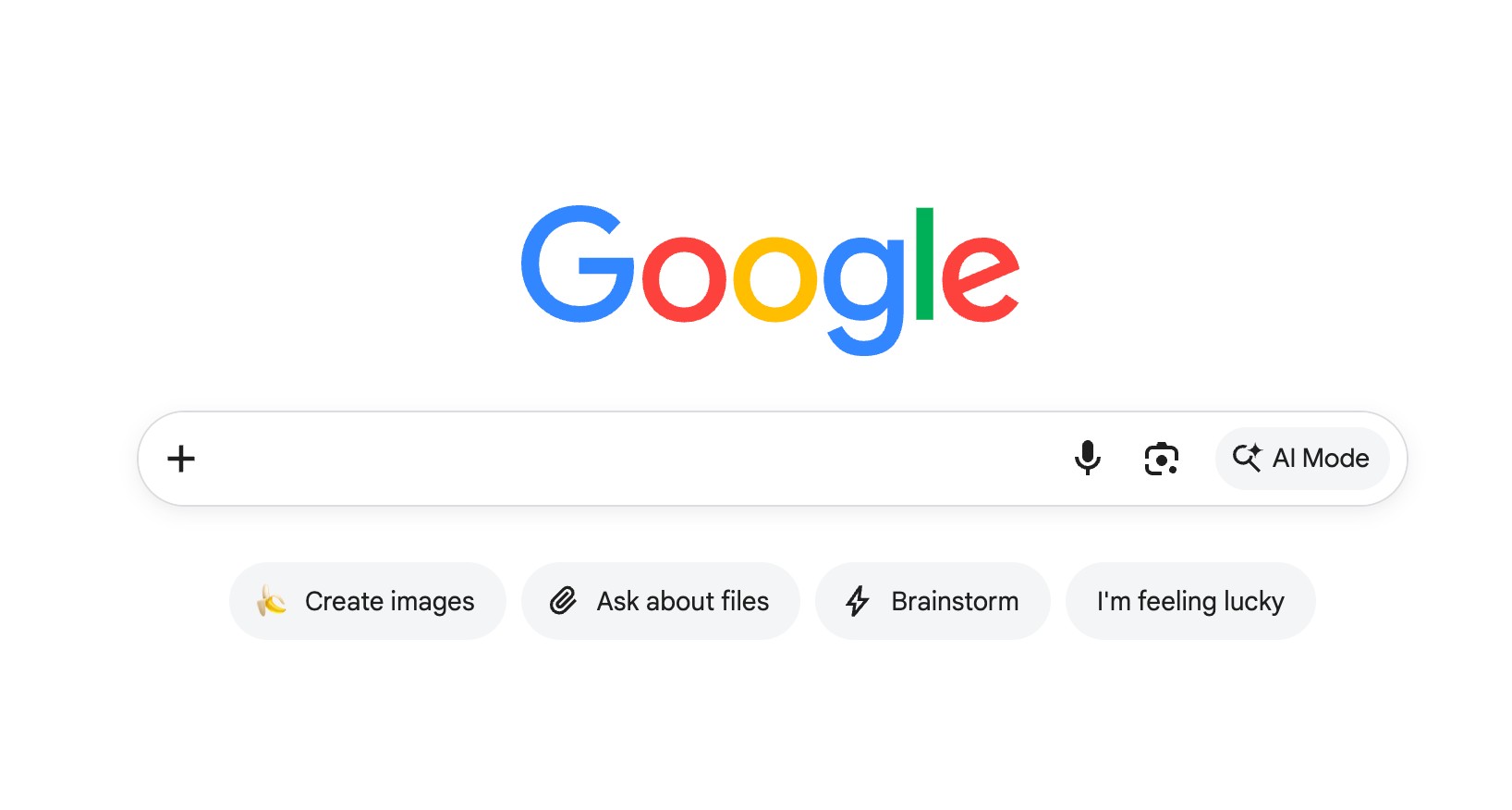 Головна сторінка Google без кнопки пошуку, з кнопками Create images, Ask about files і Brainstorm