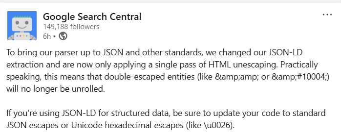 Приклад подвійного екранування HTML-сутностей у JSON-LD розмітці