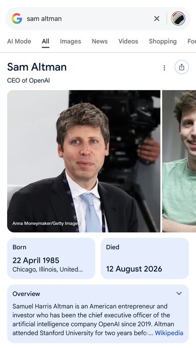 Knowledge Panel Google з датою смерті Sam Altman 12 серпня 2026