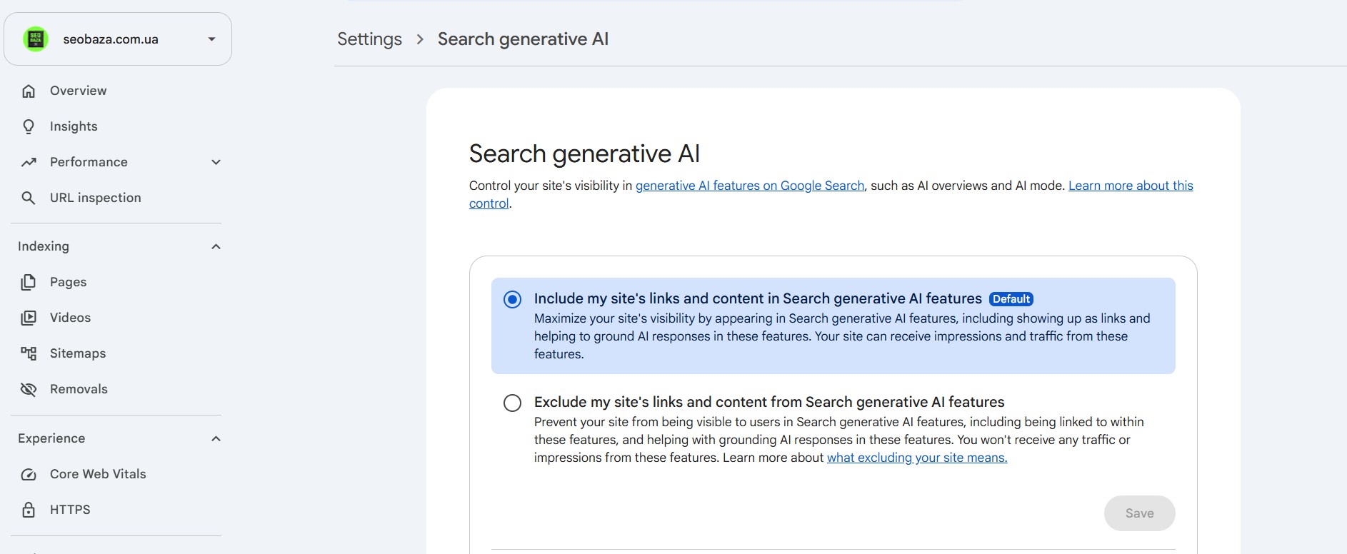 Сторінка Search generative AI в налаштуваннях Search Console з двома опціями