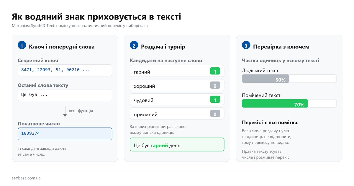 Схема з трьох кроків: секретний ключ і попередні слова дають початкове число, воно роздає кандидатам нулі та одиниці, перевірка рахує частку одиниць