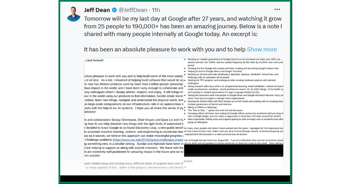 Прощальний твіт Jeff Dean про останній день роботи в Google