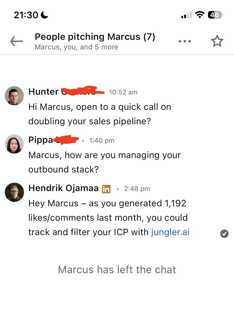 Жартівливий скріншот групового чату сейлзів People pitching Marcus у LinkedIn
