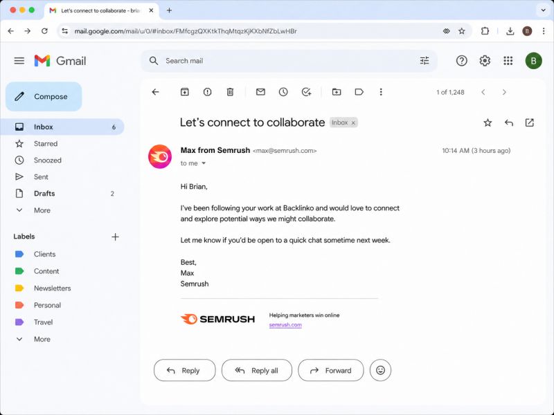Мокап листа Max from Semrush з темою Lets connect to collaborate у Gmail Brian Dean