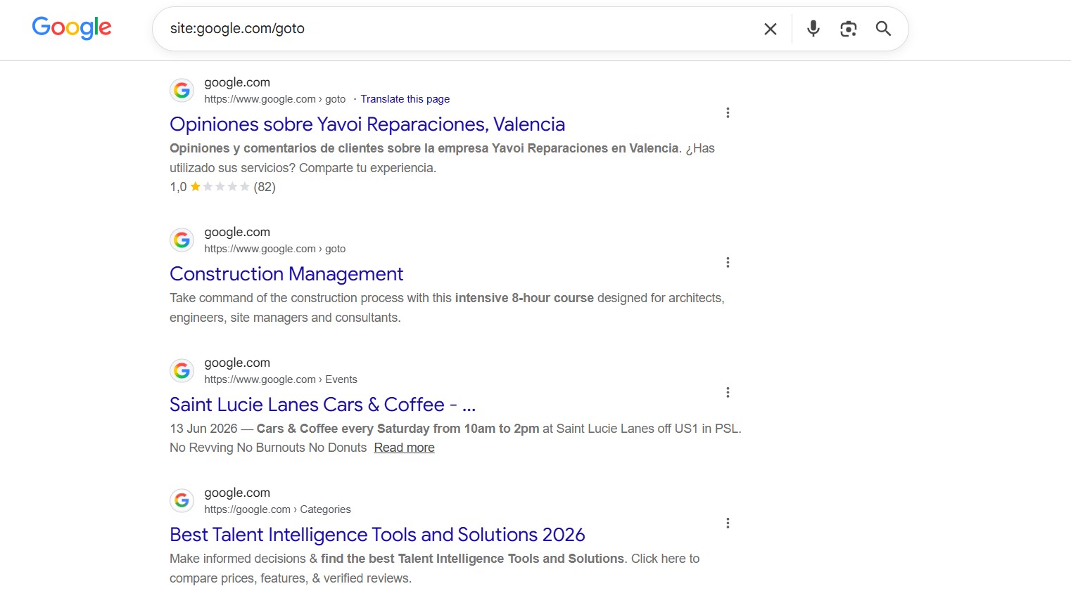 Видача Google по запиту site:google.com/goto з проіндексованими goto-адресами, у сніпетах заголовки й описи чужих сторінок