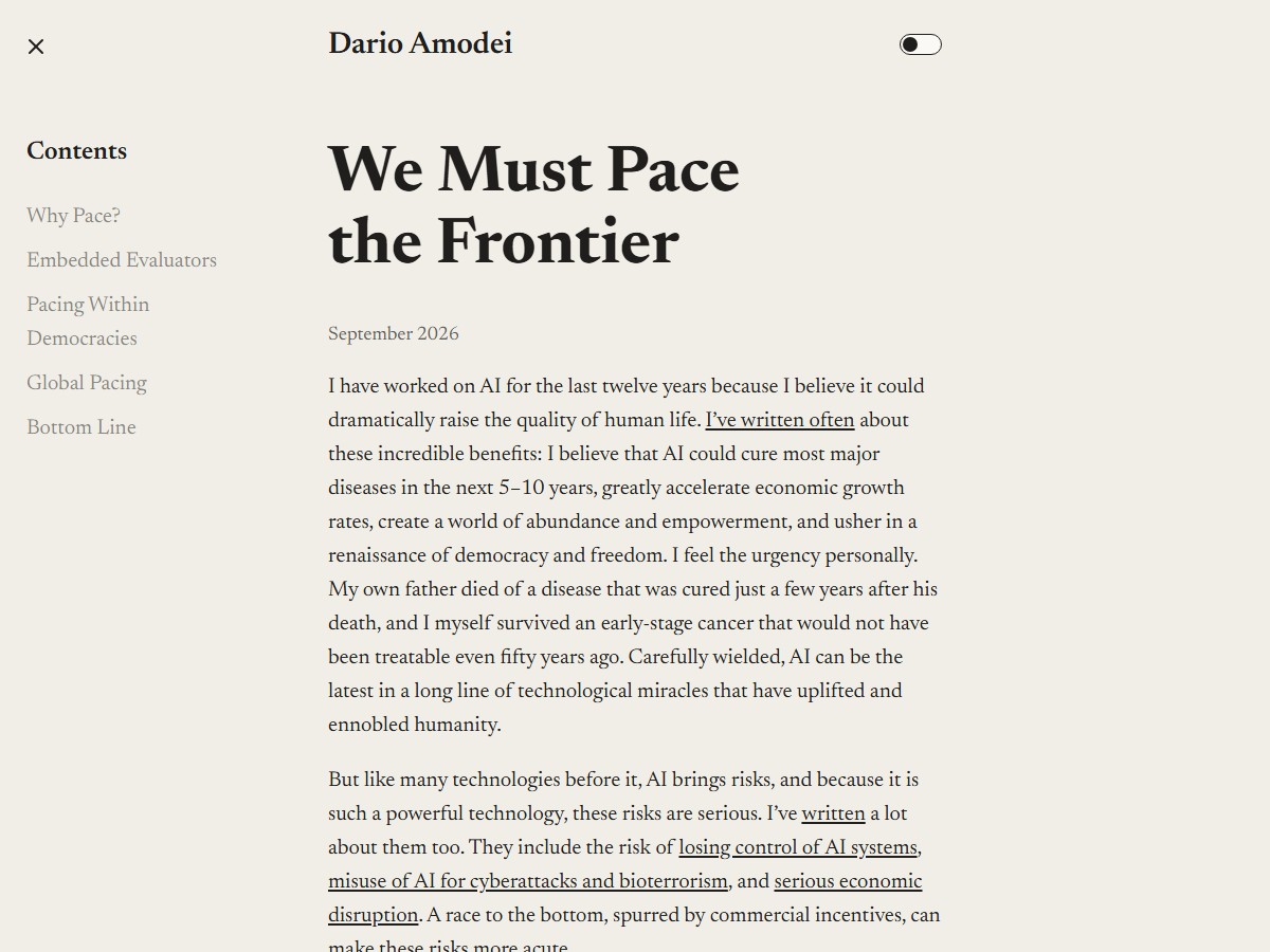 Початок есею Dario Amodei We Must Pace the Frontier про сповільнення розвитку AI