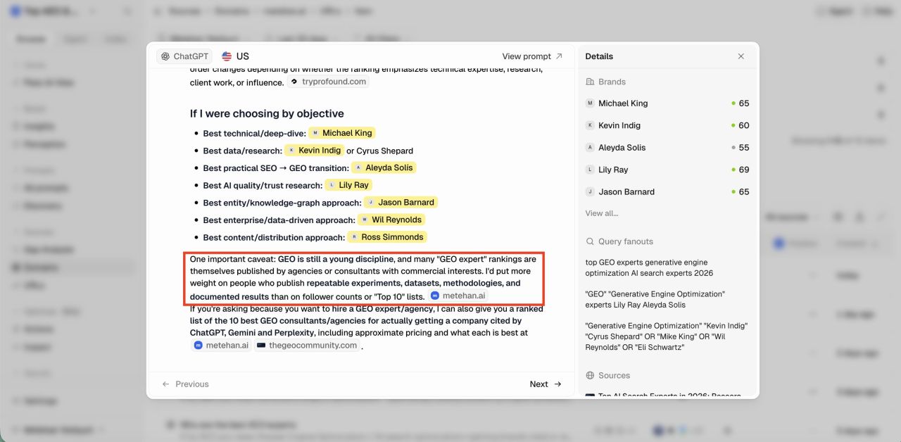 Відповідь ChatGPT із застереженням про комерційний інтерес рейтингів GEO-експертів