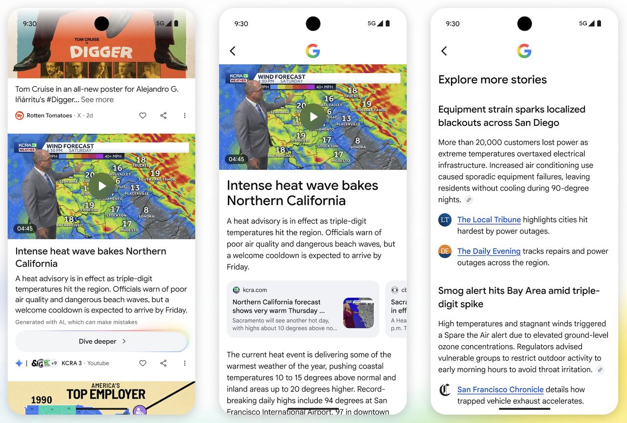 Кнопка Dive deeper у стрічці Google Discover і короткий огляд з посиланнями на видавців
