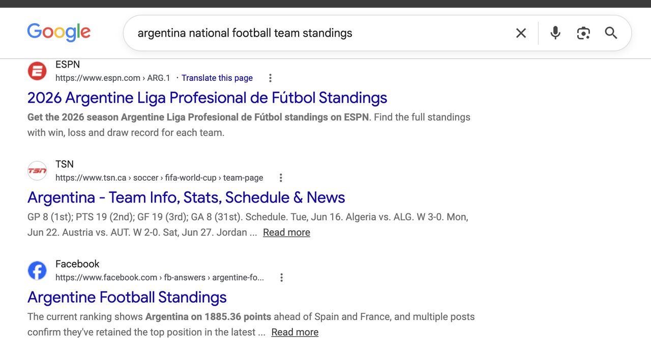 Сторінка fb-answers у видачі Google за запитом argentina national football team standings
