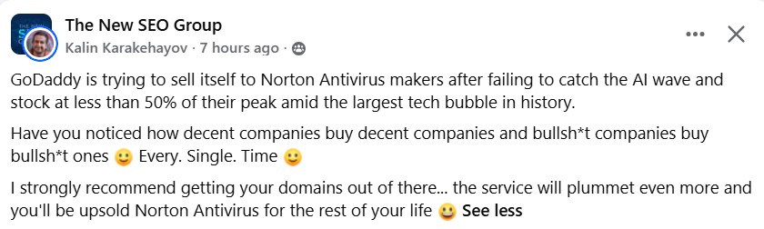Допис Kalin Karakehayov про продаж GoDaddy виробнику Norton Antivirus