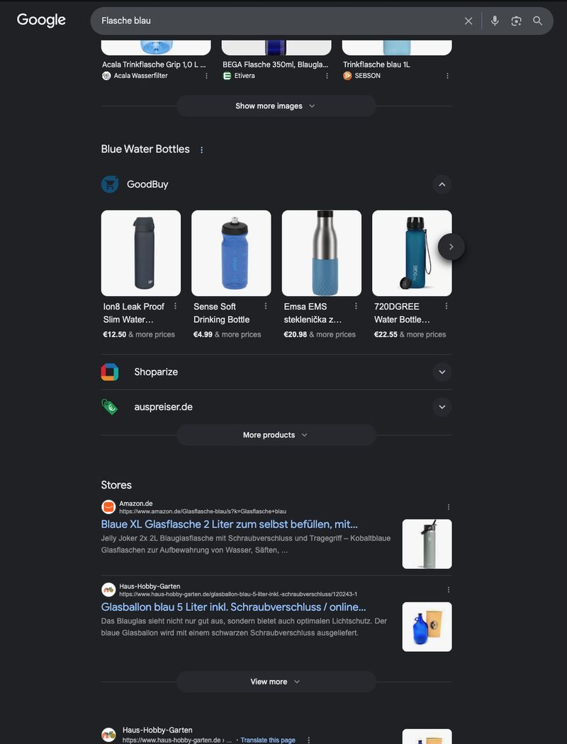 Видача Google на запит Flasche blau з блоками порівняння цін GoodBuy, Shoparize і auspreiser.de