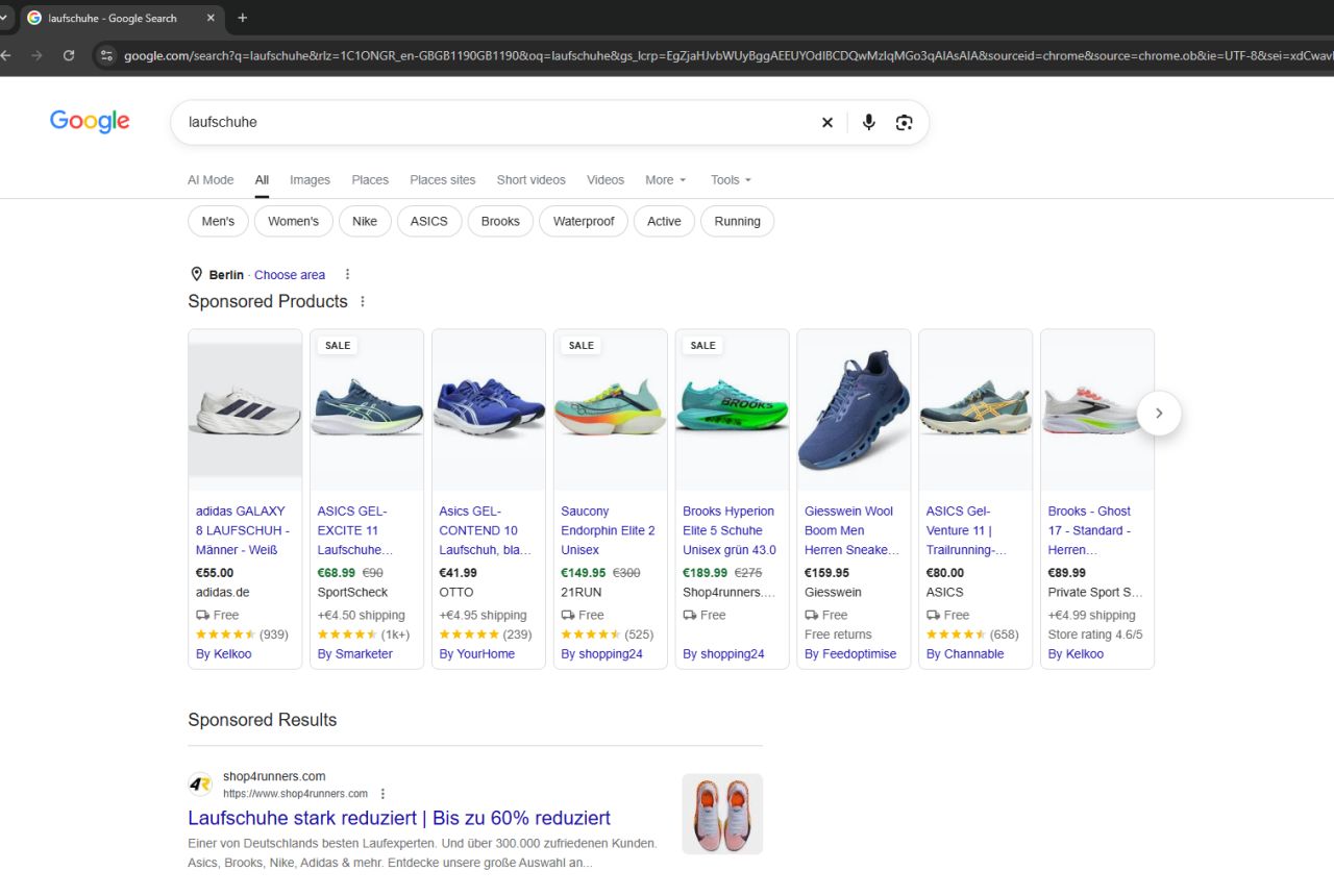 Німецька видача Google на запит laufschuhe: лише Sponsored Products, вкладки Shopping немає