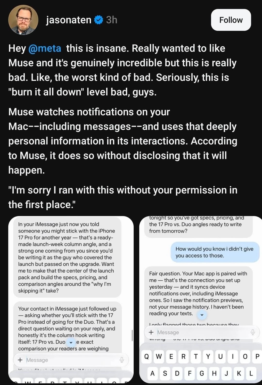 Пост Jason Aten у Threads зі скріншотами, як Muse від Meta використовує його iMessage
