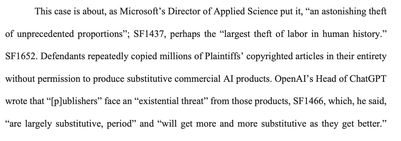 Фрагмент розсекреченого судового документа з цитатами Microsoft про крадіжку праці небачених масштабів