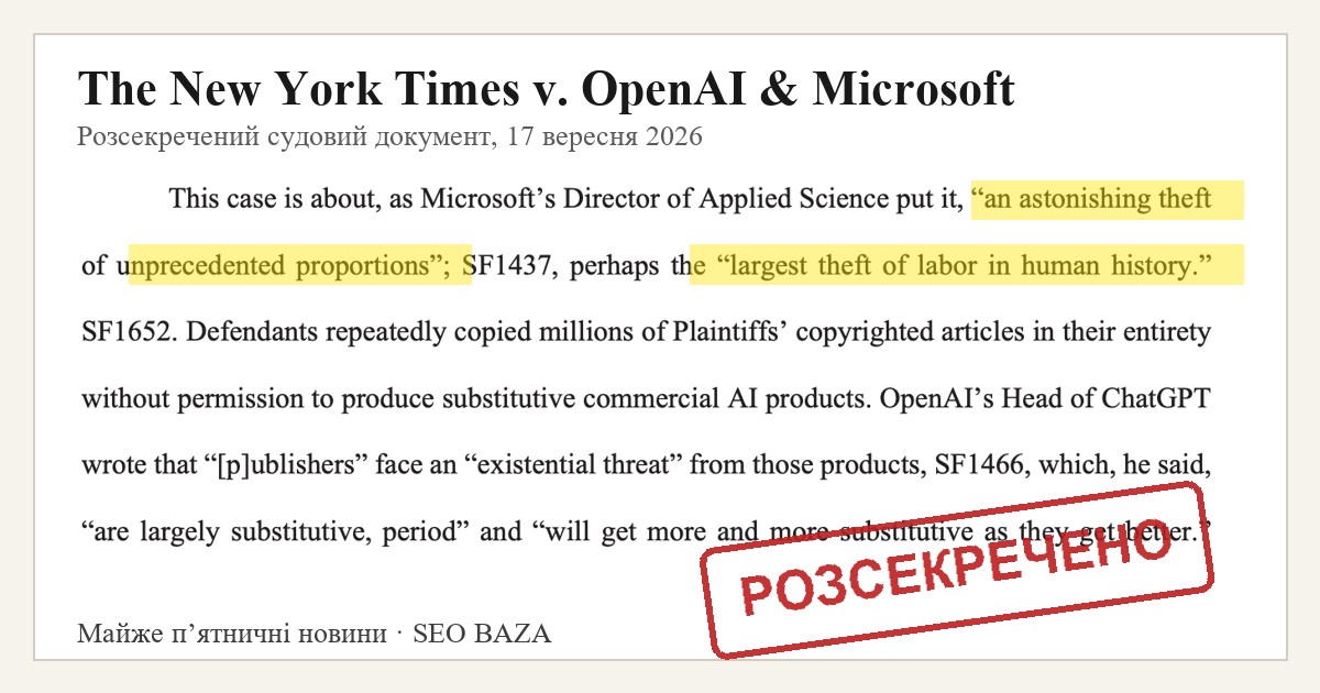 Обкладинка випуску: розсекречений документ зі справи New York Times проти OpenAI з підкресленою найбільшою крадіжкою праці в історії