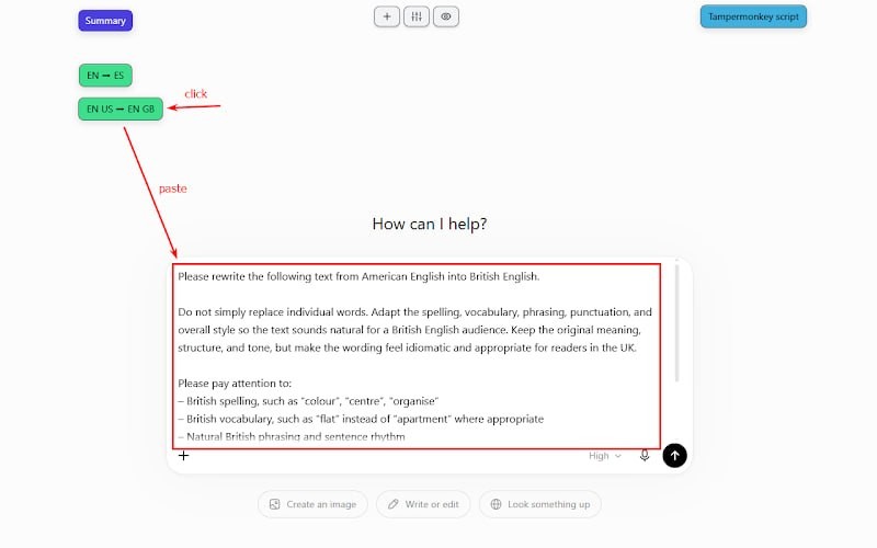 Кнопки Prompt Buttons for AI над полем чату: клік по кнопці вставляє збережений промпт