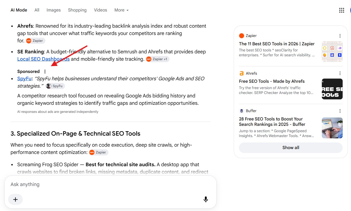 Реклама SpyFu з міткою Sponsored всередині списку SEO-інструментів у відповіді AI Mode