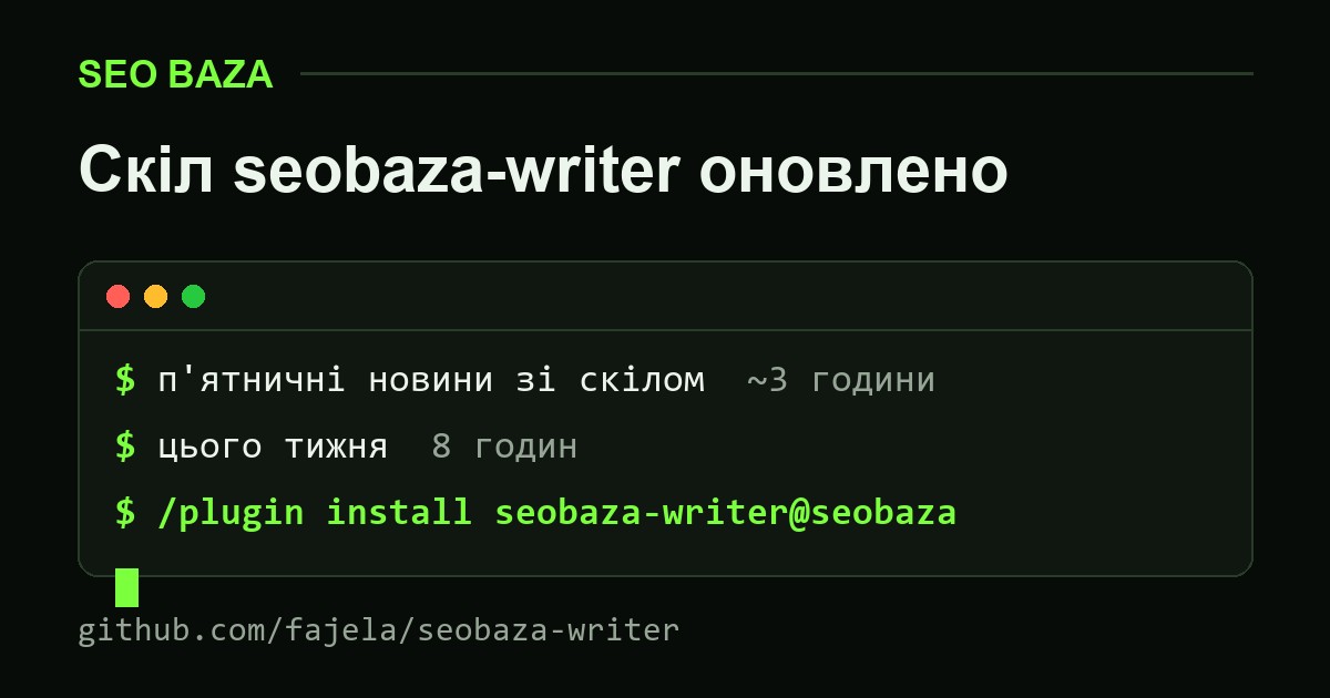 Обкладинка: термінал зі скілом seobaza-writer, 3 години на випуск проти 8 цього тижня