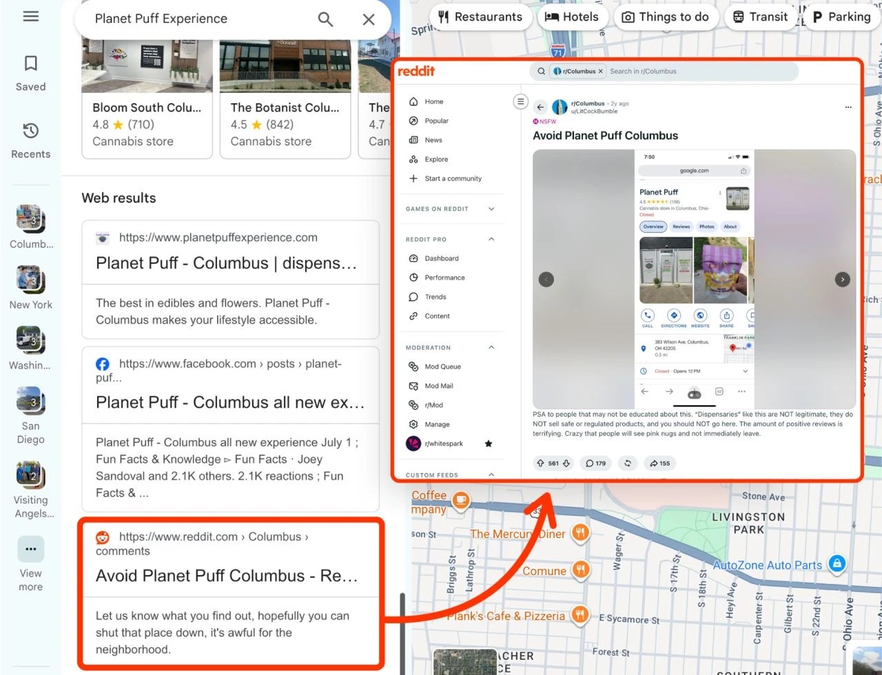 Профіль компанії в Google Maps з тредом Reddit про те, що бізнес варто оминати