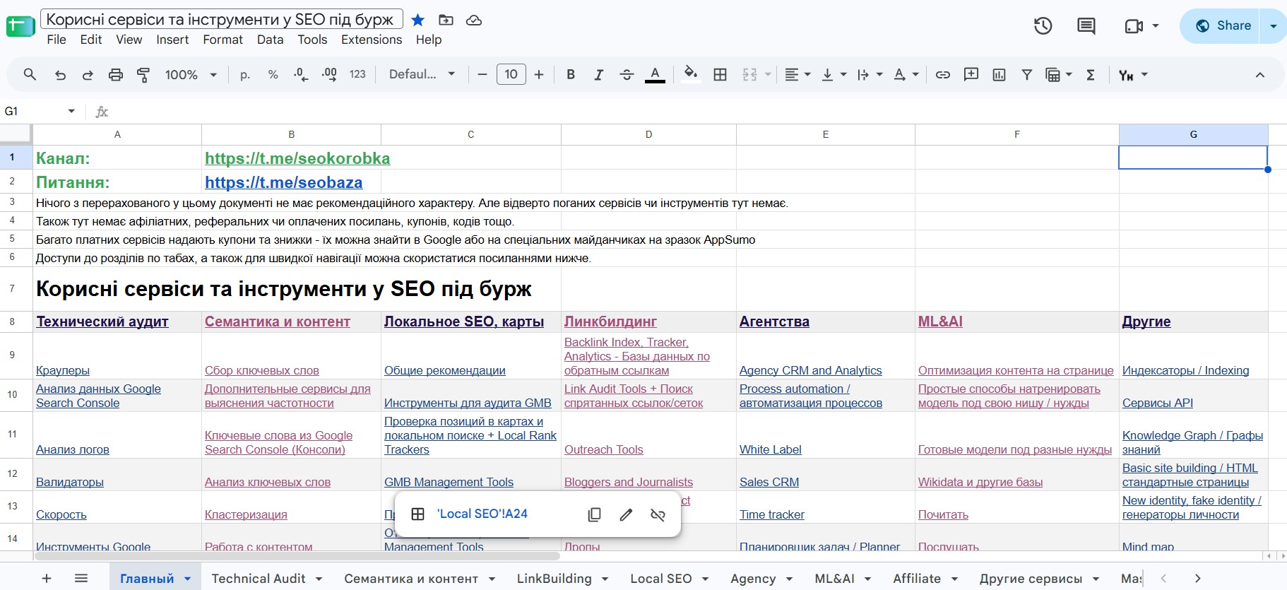 Стара Google-таблиця корисних сервісів та інструментів у SEO під бурж з вкладками за категоріями: технічний аудит, семантика, лінкбілдинг, локальне SEO