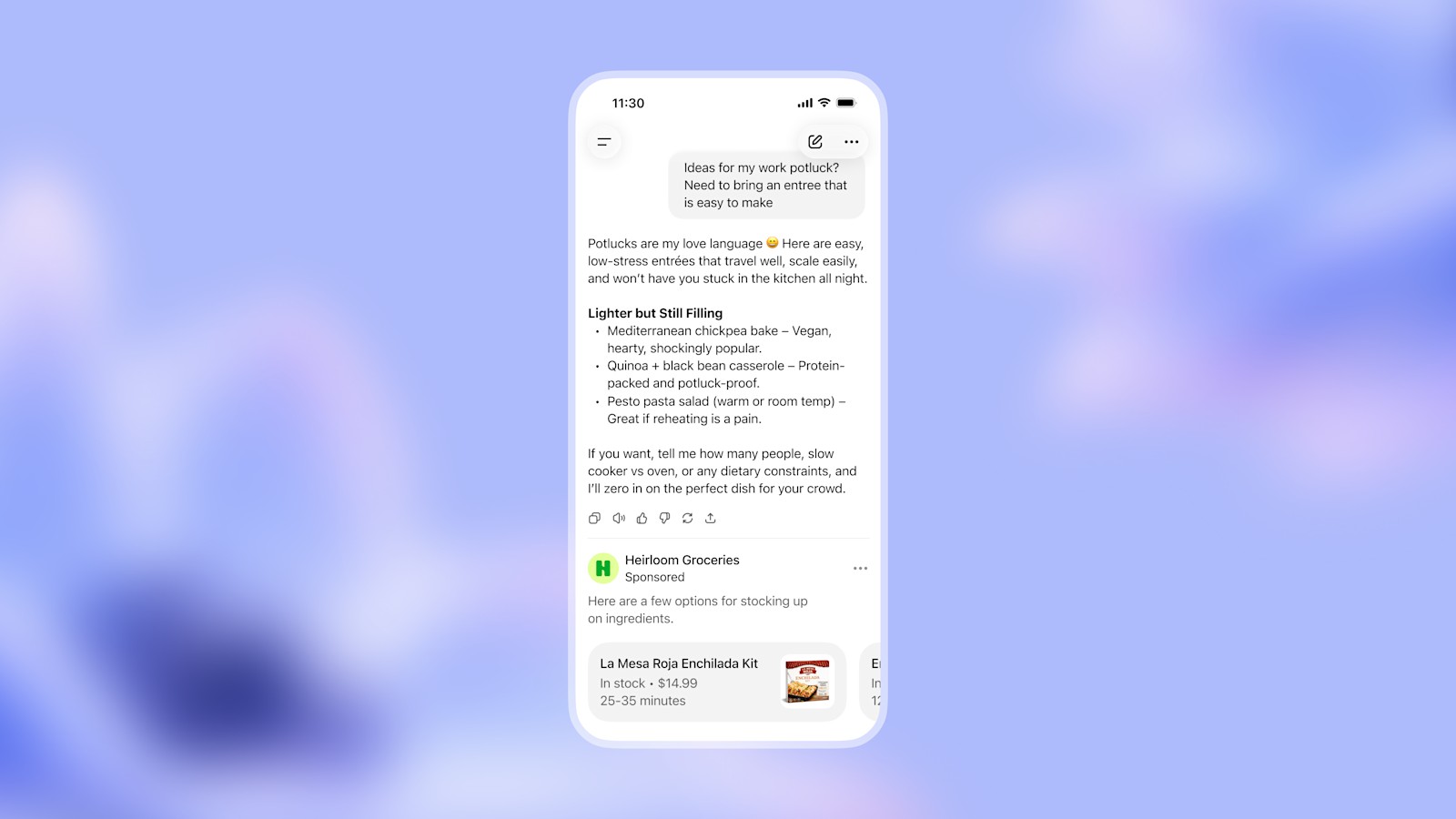 Приклад оголошення від OpenAI: рекламний блок продуктового магазину під відповіддю ChatGPT про страви