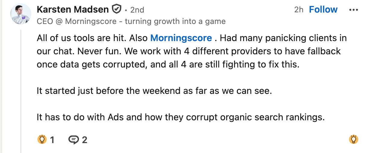 Коментар Karsten Madsen, CEO Morningscore: зачепило всі інструменти, чотири постачальники даних лагодять