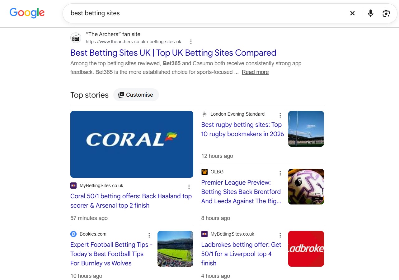 Видача Google за запитом best betting sites: сторінка сайту фанатів The Archers з порівнянням букмекерів