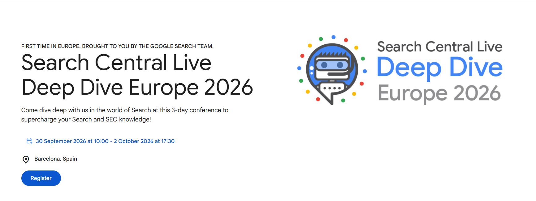 Сторінка реєстрації на конференцію Search Central Live Deep Dive Europe 2026 у Барселоні