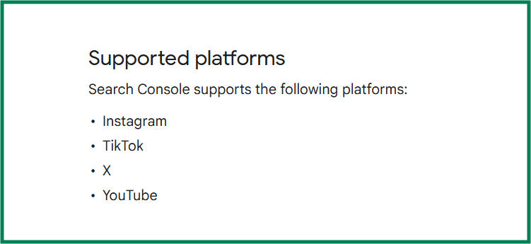 Список підтримуваних платформ у документації Google Search Console: Instagram, TikTok, X та YouTube